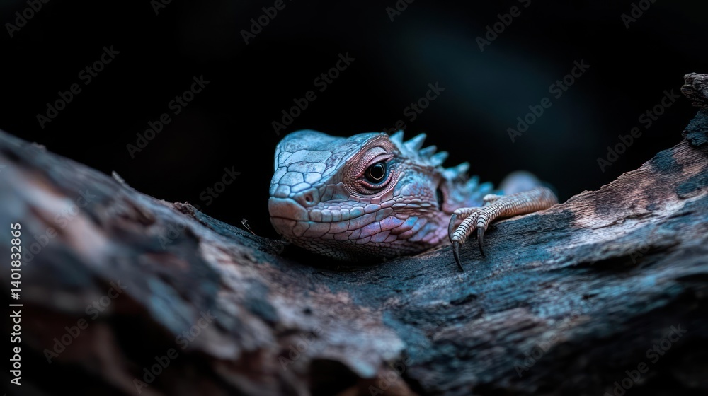 Poster Close up of a lizard resting on a weathered tree branch, its textured skin highlighted by diffused natural light against a blurred dark background, emphasizing texture and details