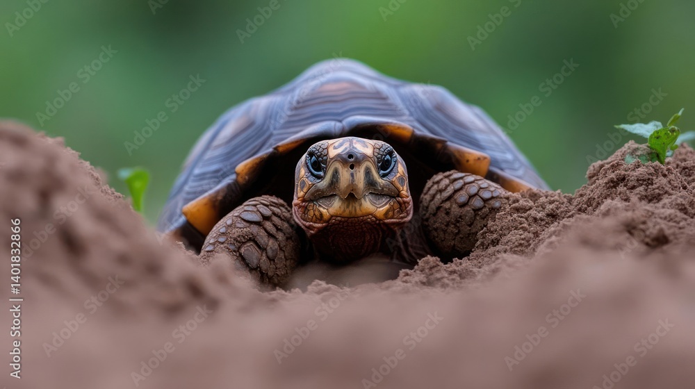 Poster a close-up captures a tortoise emerging from a mound of dirt, set against a soft green backdrop. the