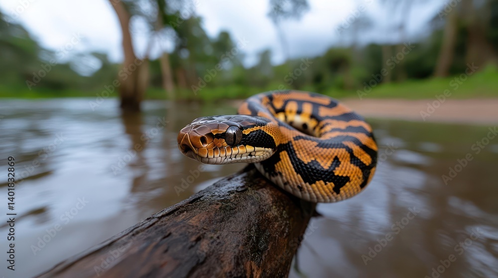 Poster Close-up of a striking orange and black patterned snake coiled on a log in a flowing river with a blurred green forest backdrop, captured under natural light, showcases vibrant colors and texture