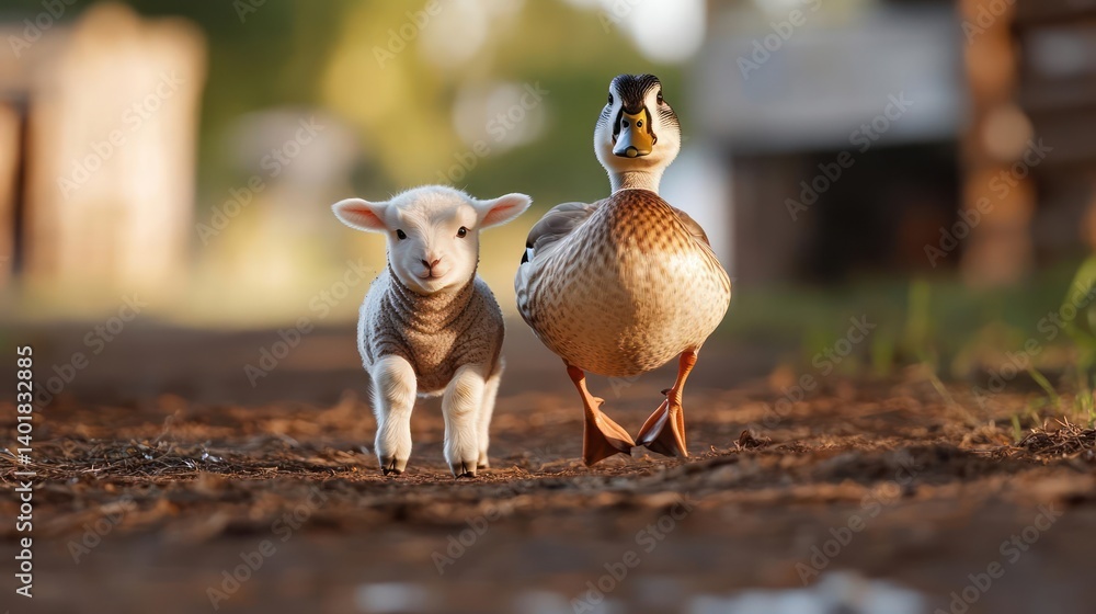 Poster a heartwarming image featuring a tiny white lamb standing close to a brown duck on a dirt path. the 