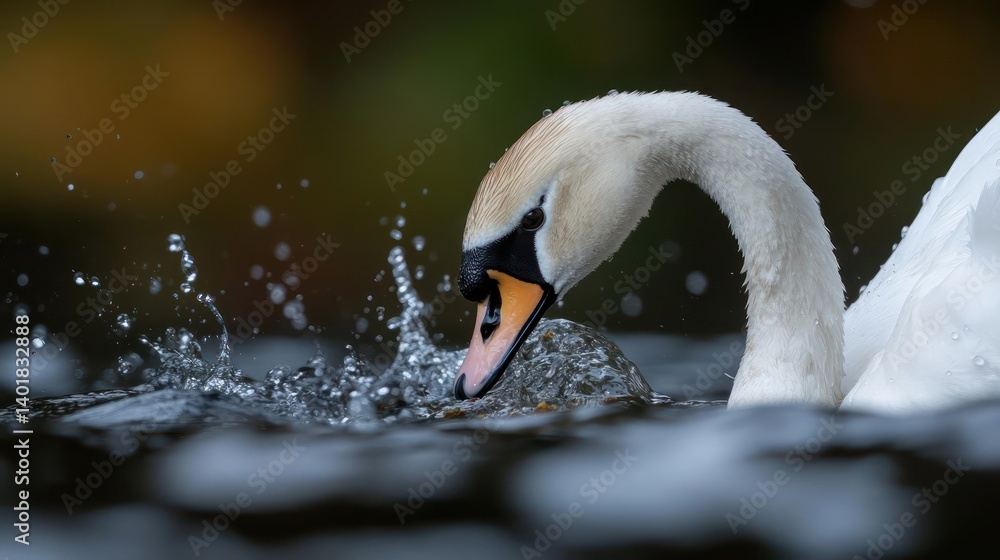 Poster elegant white swan dips its head into rippling water, creating splashes. the swan's textured feather