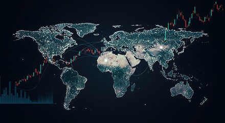 Global interconnectedness visualized through a world map overlaid with financial charts, illustrating data flow and market trends.