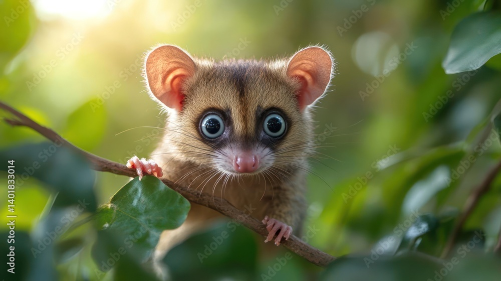 Poster close up of a brown mouse lemur on a branch, surrounded by green leaves. the lemur has large blue ey