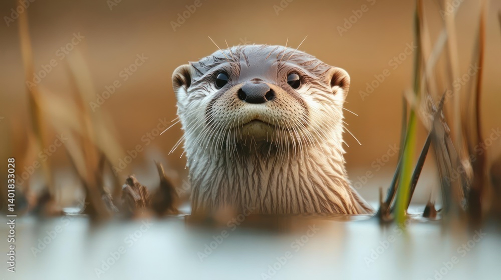 Poster A striking close-up captures an otter emerging from calm water, framed by tall reeds in a shallow depth of field, showcasing its wet fur and inquisitive expression against a warm, blurred backdrop