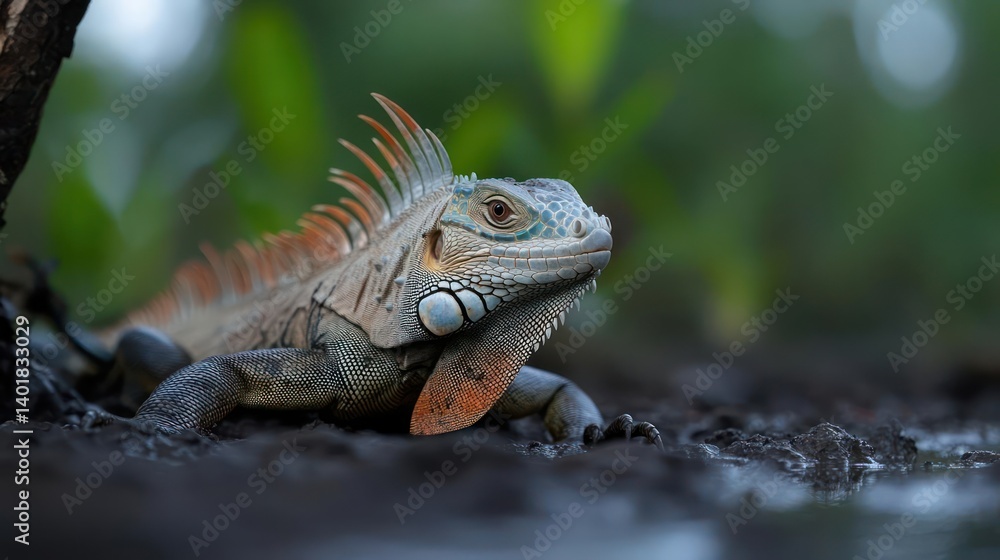 Poster Close up shot of Iguana resting on murky ground. The Iguana displays intricate skin patterns and colorations. Its orange and black crest complement the details on the skin. The shallow depth of field