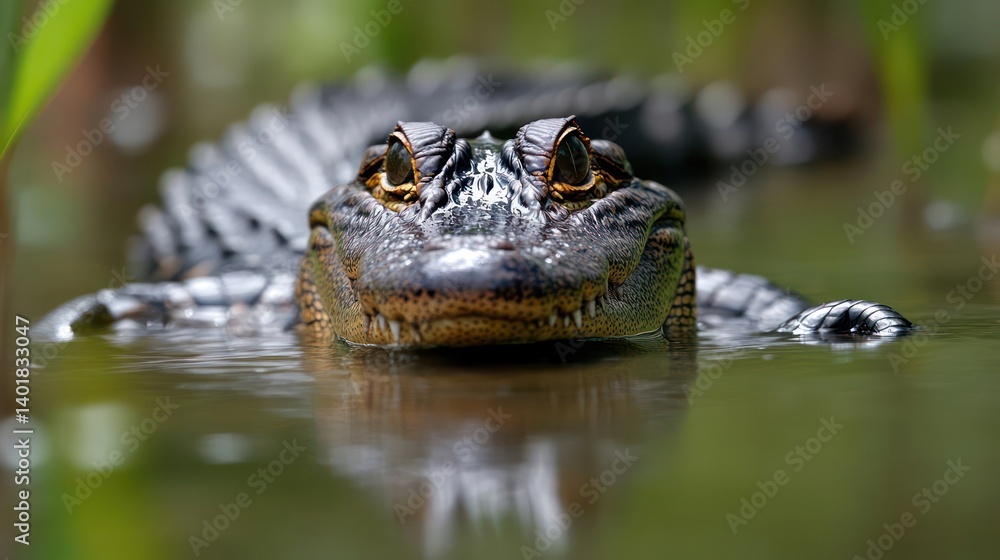 Poster alligator swimming in green water with brown mud around it and green plants in the background, focus