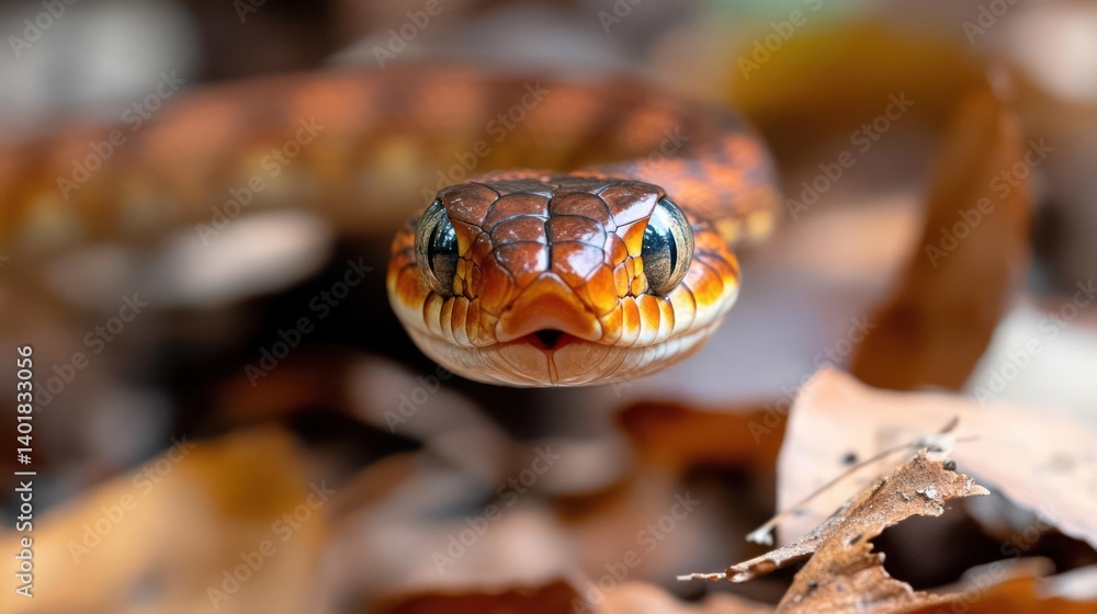 Poster close-up shot of a brown snake on fallen leaves, showcasing its textured scales and intense gaze. th