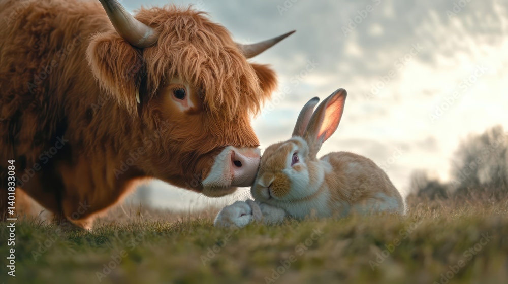 Poster a highland cow with long horns gently touches noses with a fluffy rabbit lying in green grass under 