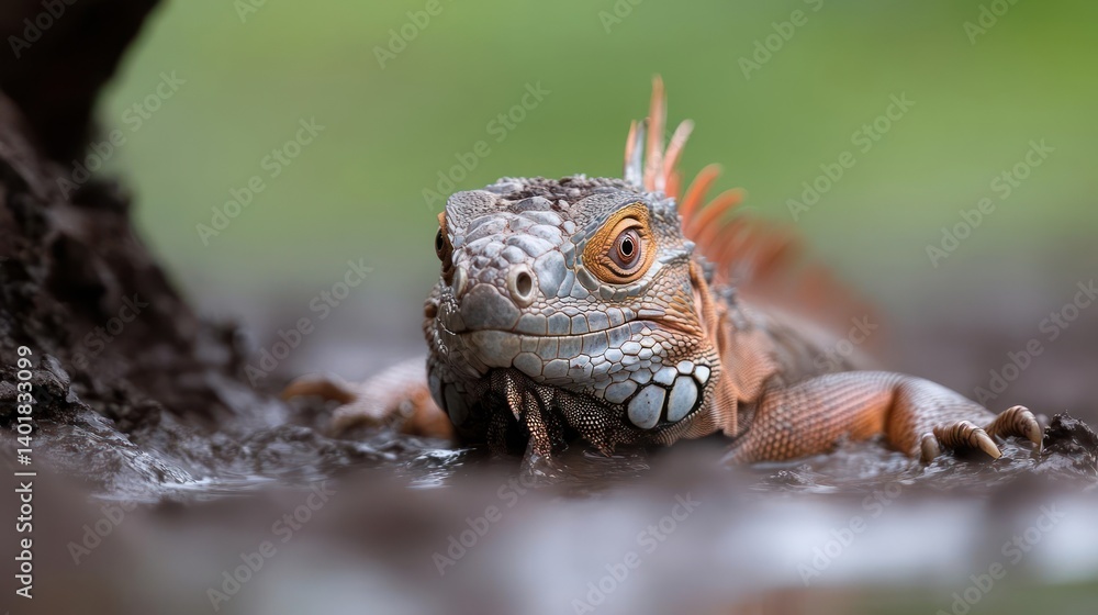 Aufkleber Close up shot of a textured orange and gray iguana with spiky scales resting in shallow water, gazing directly at the viewer against a soft green blurred background