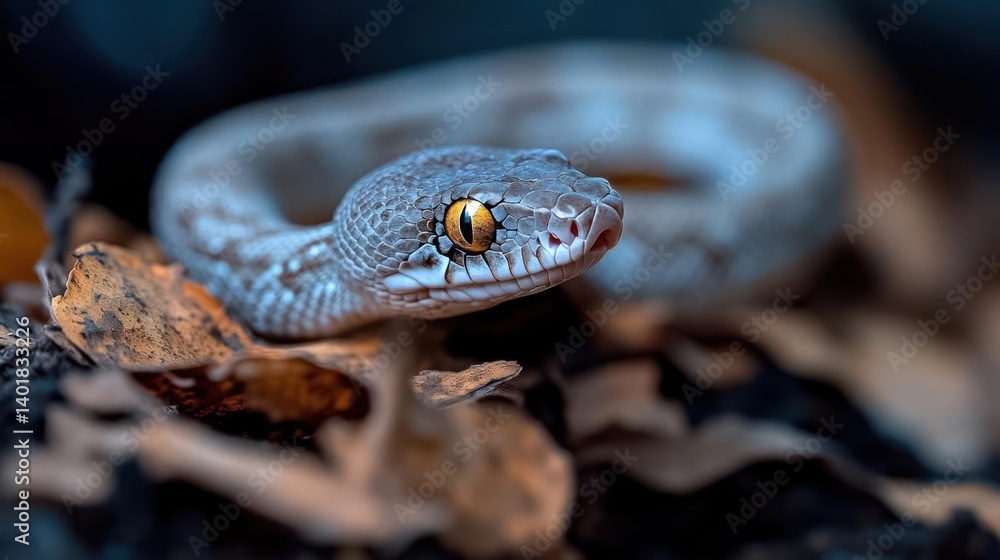 Leinwandbilder macro shot of a tan colored snake with a white speckled pattern coiled on dry autumn leaves. the sna