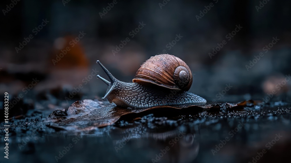 Aufkleber Captivating close-up of a snail gliding on a damp leaf, its shell glistening with moisture in soft light. Dark, blurred background and reflections on the wet surface highlight the intricate details