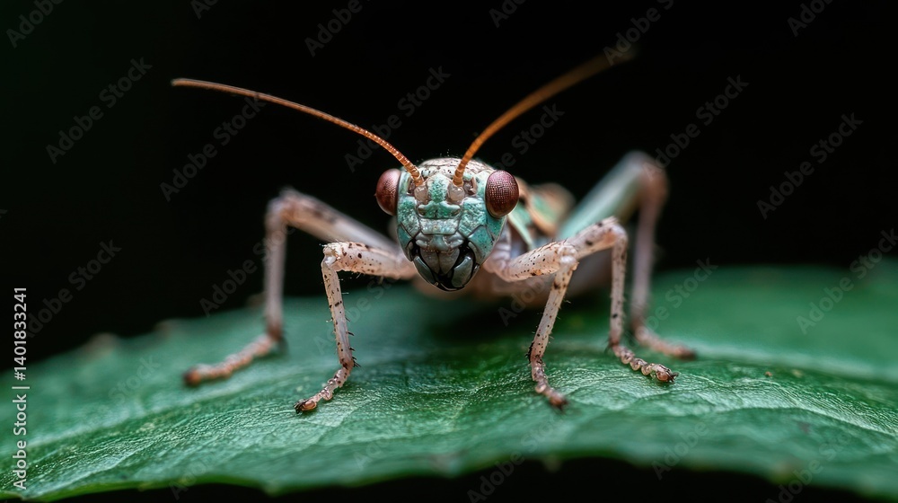 Poster A macro, close-up shot showcases a grasshopper resting on a leaf with a dark background. The grasshopper is green and tan with long antennae, facing forward, captured in sharp focus to reveal