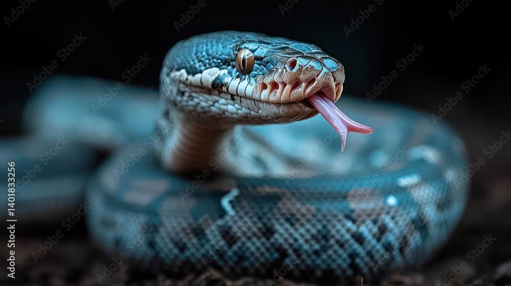 Aufkleber Macro shot of a coiled snake with a forked tongue. The reptile features scale pattern in gray and blue. The background is dark, focusing attention on the snake's head and textured skin
