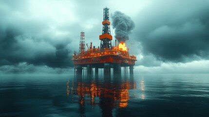Oil Rig Inferno: A Dramatic Seascape of Disaster