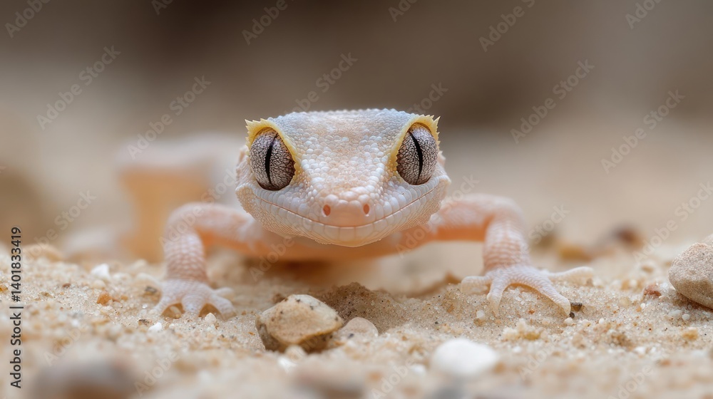 Poster close up of a tan gecko with speckled skin and big eyes. it is standing on sand with rocks scattered