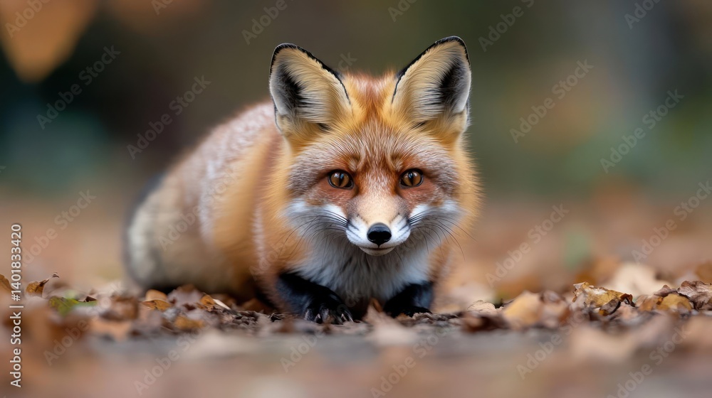 Poster A captivating close-up showcases a vibrant red fox amidst autumn foliage, its intense gaze fixed forward. The background is intentionally blurred, emphasizing the subject's sharp features and rich