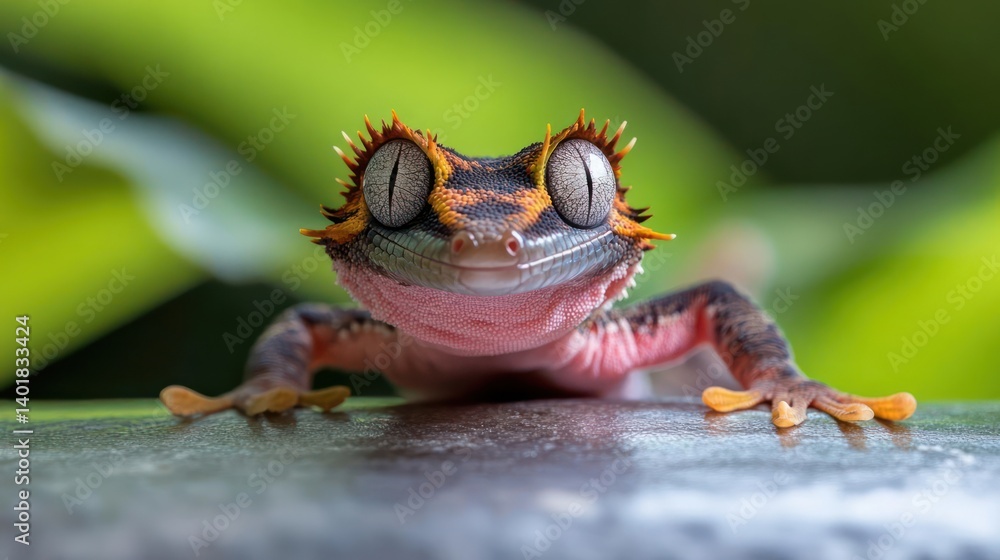 Aufkleber close up of a crested gecko with orange crown and brown skin resting on stone with green leaves in t