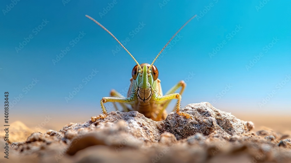 Aufkleber a vibrant, close-up shot of a grasshopper atop a sandy mound, set against a gradient blue sky. the i