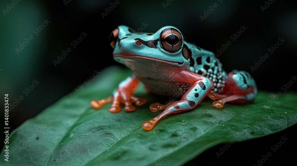 Poster macro shot of a turquoise frog with patterned skin and orange feet sitting on a green leaf against a