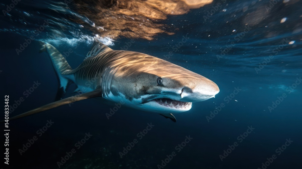 Poster a tiger shark is seen underwater, displaying its distinct stripes and sharp teeth. the water surface
