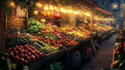 Obraz premium A vibrant outdoor market stall overflowing with fresh produce at dusk.