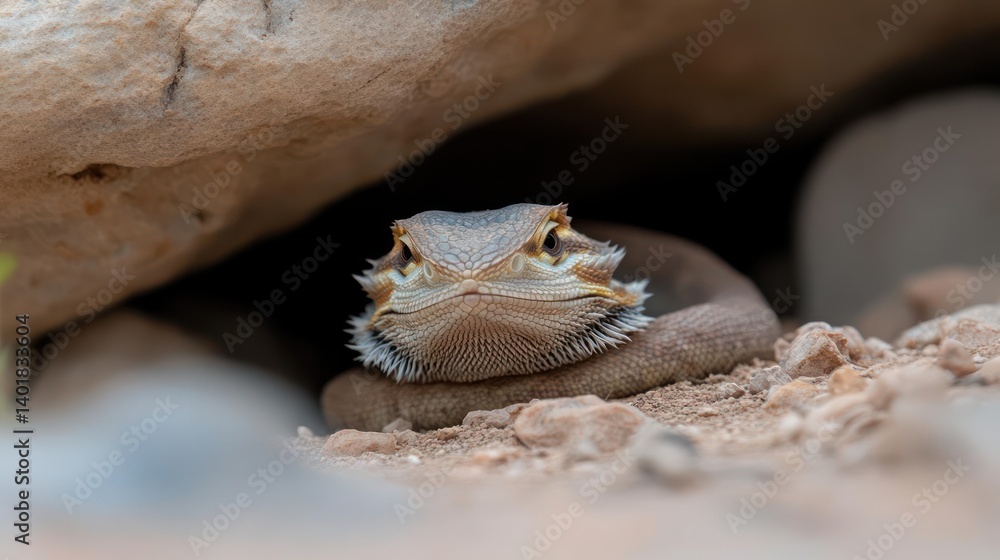 Poster a close-up view captures a bearded dragon nestled among rocks and dirt, displaying its textured scal