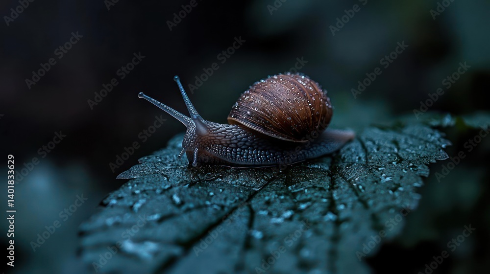 Leinwandbilder a snail covered in water droplets rests on a dark green leaf. the snail's shell is light brown and t