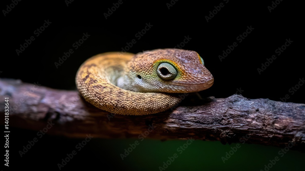 Poster a close-up shot of a small brown gecko curled on a wet tree branch, showcasing its detailed skin tex