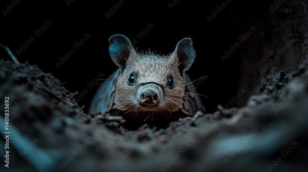 Poster a close-up shot captures a rodent with textured fur, peeking out from a dirt burrow against a dark b