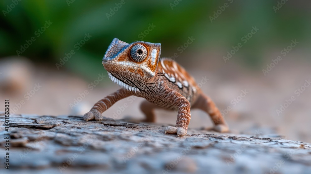 Poster a close-up captures a chameleon on textured bark, showcasing its brown, orange, and blue hues. set a
