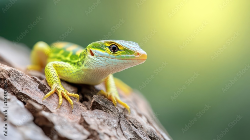 Aufkleber macro shot of a vibrant green and yellow gecko perched on textured bark. the reptile features detail