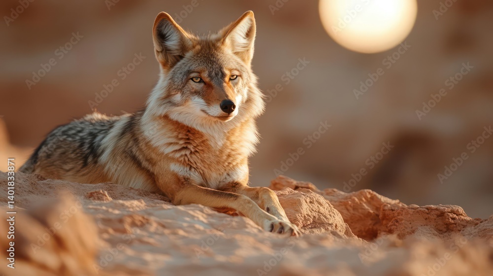 Aufkleber a coyote lies on a sandy dune, basking in warm, golden sunlight with a soft bokeh effect. the coyote