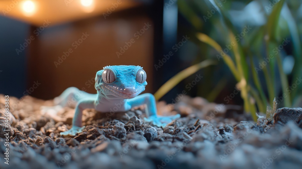 Poster Close up shot of a turquoise gecko in a humid enclosure on top of rough textured soil. The background is blurred to emphasize the gecko's vibrant color and texture against the plants