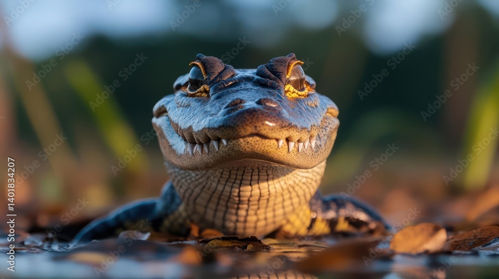 Poster close up of a small dark alligator with yellow eyes in water surrounded by leaves. dark forest backg