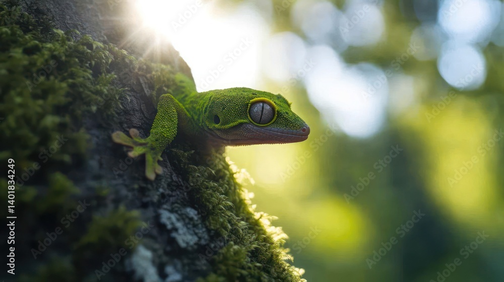 Aufkleber close-up of a vibrant green gecko with gray eyes perched on a moss-covered branch against a blurred 