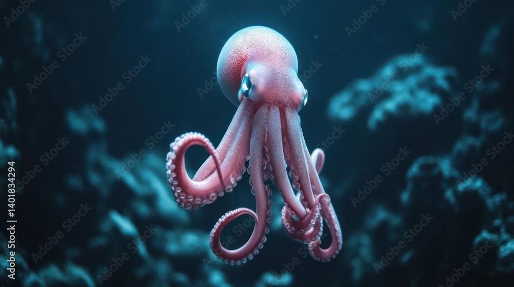 Aufkleber A captivating view of a pink octopus with intricate patterns and textures, set against a blurred backdrop of rocks and marine plants in deep blue water. Soft lighting enhances the details, creating a