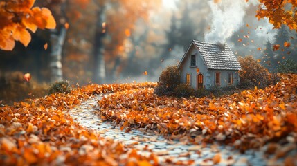 Cozy House Surrounded by Vibrant Autumn Leaves in a Scenic Forest