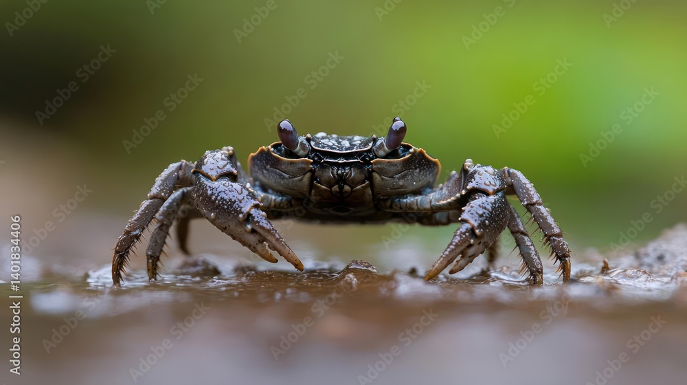 Aufkleber a close-up shot captures a dark-colored crab on a sandy surface, set against a blurred green backgro