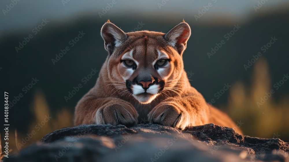 Poster portrait of a resting mountain lion atop a rocky surface bathed in warm light, showcasing its majest