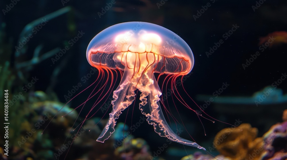 Poster translucent jellyfish with glowing orange bell and trailing tentacles floats in dark blue water with