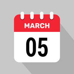 5 march calendar icon vector background. Vector schedule symbol.