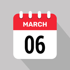 6 march calendar icon vector background. Vector schedule symbol.