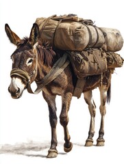 Brown Mule Carrying Heavy Canvas Bags Against White Background