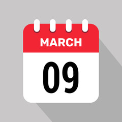 9 march calendar icon vector background. Vector schedule symbol.