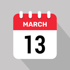 13 march calendar icon vector background. Vector schedule symbol.