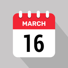 16 march calendar icon vector background. Vector schedule symbol.