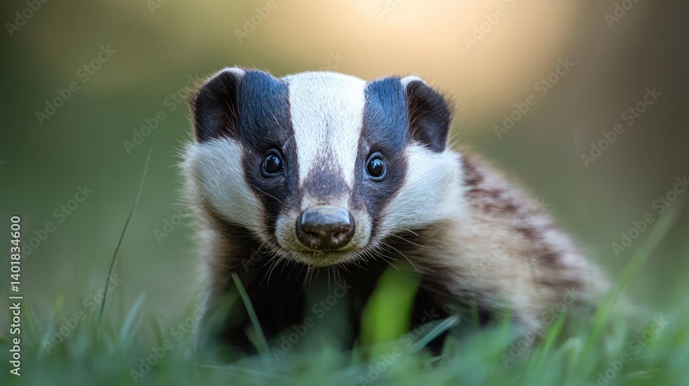 Poster close-up of a european badger in lush green grass, featuring its distinctive black and white facial 