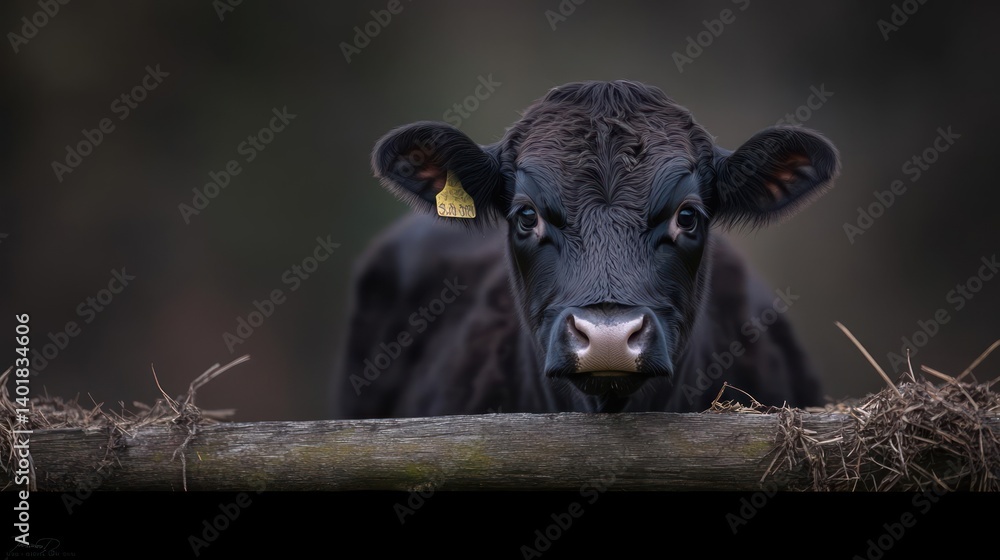 Aufkleber a close up shot of a black calf staring directly at the camera over a wooden fence. the background i