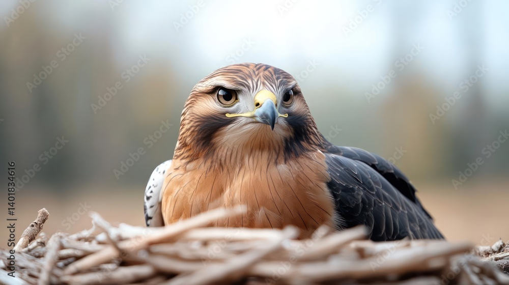 Poster close up of a perched hawk, feathers in shades of brown and gray, eyes staring directly at the camer