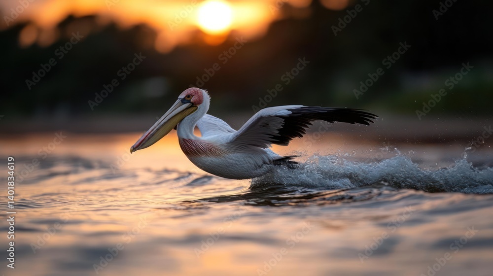 Poster a pelican flies low over the water, its wings spread, creating splashes as it skims the surface. the